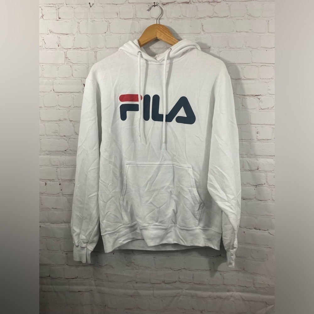 FILA Drawstring Cotton Hoodie Men’s XS White Red Blue Logo Oversized Fleece